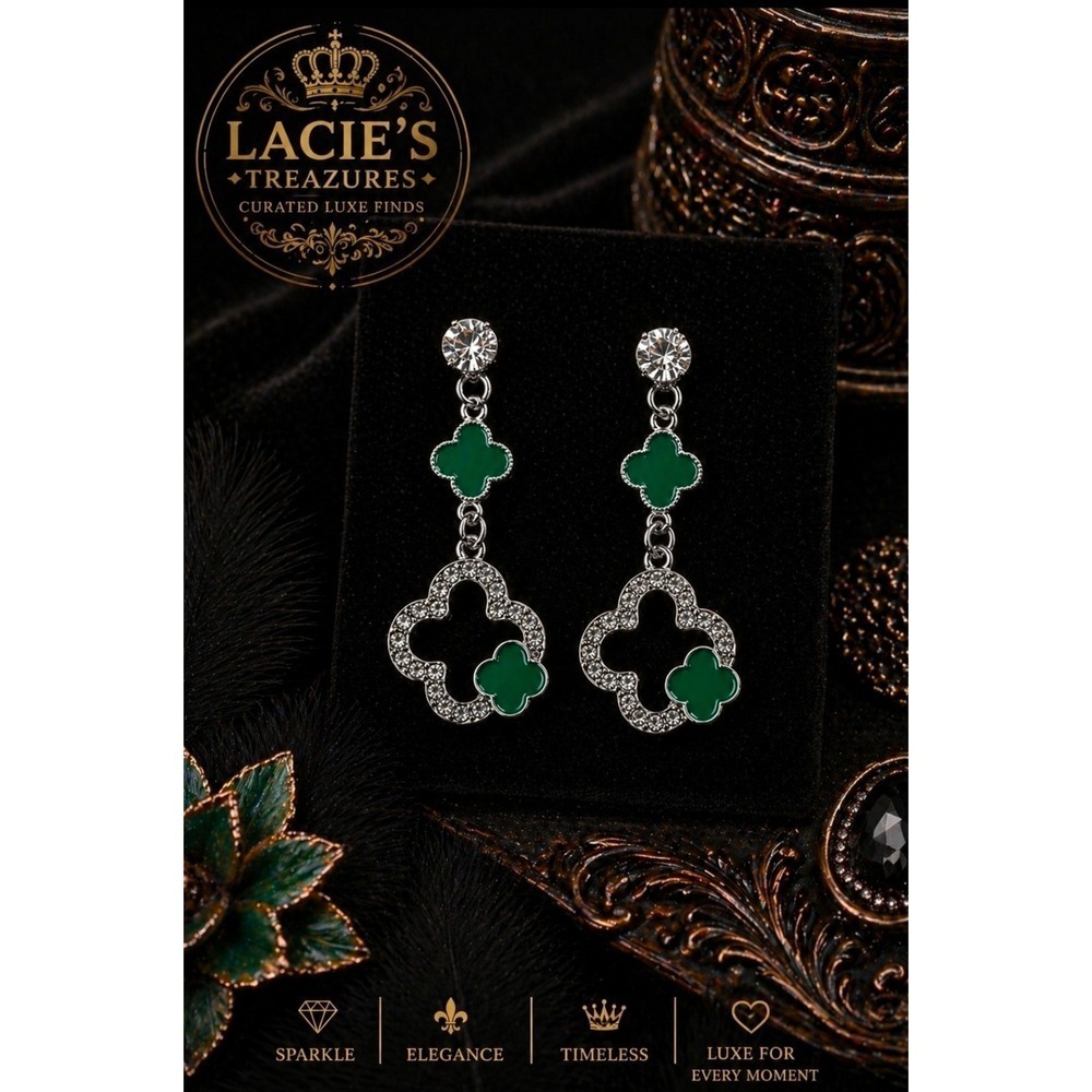 Emerald Clover Luxe Drop Earrings | Silver Tone Rhinestone Dangle | Glam  Luxe